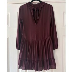 Sunday Best Aritzia Burgundy Lace Trim Ruffle Neck Long Sleeve Mini Dress XS